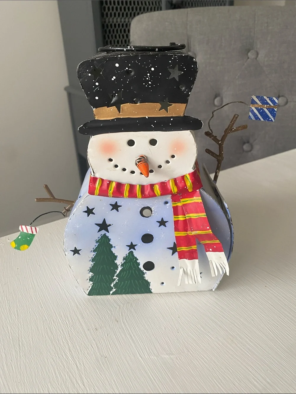 Hand-Painted Metal Snowman Holiday Lantern with Red Scarf Candle Holder